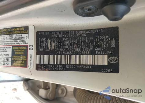 2007 Toyota Avalon Xl/Xls/Touring/Limited from USA, damaged, VIN 4T1BK36B37U203668